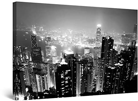Startonight Leinwandbilder Schwarz und Weiß Hong Kong, Doppelansicht Überraschung Modernes Kunstwerk Gerahmte Wand Kunst Ursprüngliche Fertig zum Aufhängen Wohnzimmer Groß Wand Bild 80 x 120 cm