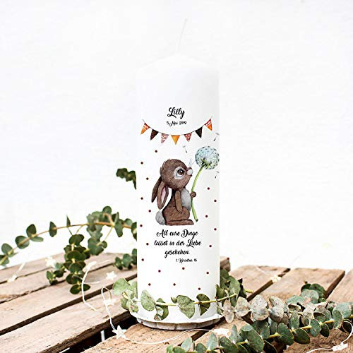 Taufkerze Kerze zur Taufe oder Geburt Kommunionkerze Hase Häschen Pusteblume Wimpel Spruch Wunschname & Datum wk112 ilka parey wandtattoo-welt®