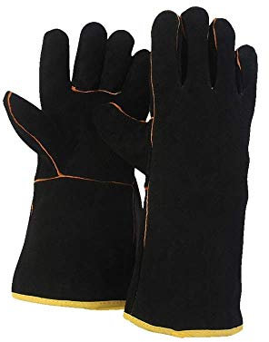 ENERJARY FZTEY Guantes resistentes al calor a prueba de fuego, guantes de soldadura de alta temperatura, guantes térmicos de cuero para barbacoa, MIG, quemador de leña, chimenea (negro)