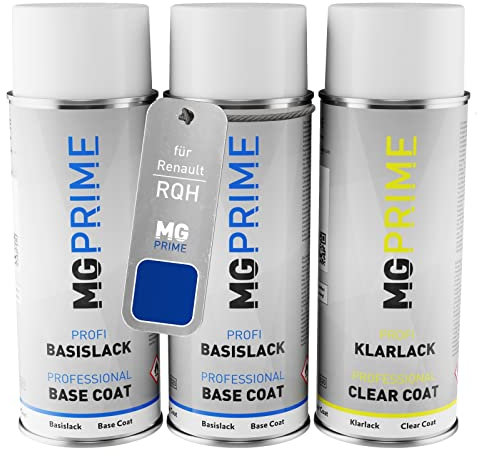 MG PRIME Autolack Sprühdosen Set für Renault RQH Bleu Iron Metallic/Iron-Blau Metallic Grundlack Basislack Klarlack Spraydose 400ml