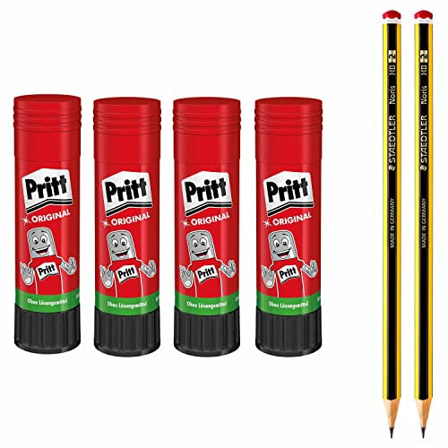 Penna adesiva Pritt, colla sicura e adatta ai bambini per lavori artistici e artigianali, adesiva forte per attrezzature scolastiche e per ufficio, set di risparmio con 4x 22 g Pen Pritt e 2x penne HB
