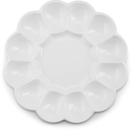 KooK Deviled Egg Platter Tray, Ceramic Easter Egg Holder, Holds 12 Eggs, Ceramic Dish, Display Holder, Dishwasher Safe, Microwave Safe, freezer Safe, Sleek, 10 Inch Diameter, White