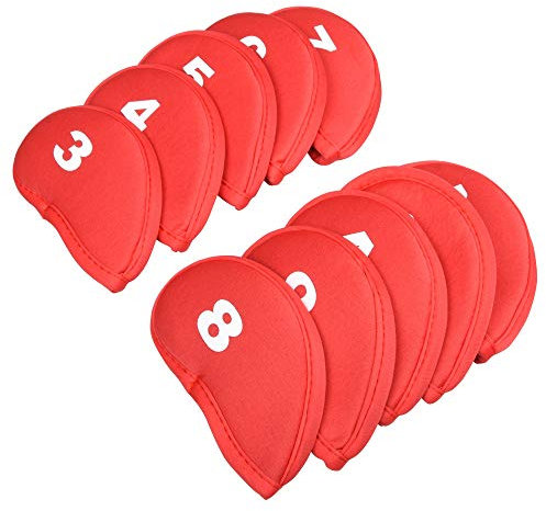 RHINORO - Set of 10 - Golf Iron Clubs Head Covers Cover Protector 3 4 5 6 7 8 9 A SW PW Soft & Lightweight (Red)