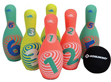 Schildkröt Neopren Kegel-Set | 6 Kegel (21,5 cm), 1 Ball (Ø9 cm) | Bowlingset für Kinder und Erwachsene | Indoor- & Outdoor-Kegelspiel | Stabiler Stand