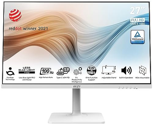 MSI Modern MD272XPW Monitor FHD da 27” IPS (1920x1080), 100Hz, Schermo Eye-Friendly, HDR Ready, Speakers integrati, Stand regolabile a 4 vie, KVM - DP 1.2a, HDMI 1.4b, USB Type-C