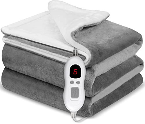 LYMYBETY Heated Throw Electric Blanket, 160 X 130cm Flannel Heated Blanket, 6 Heat and 1-8h Timer, Grey Electric Throw for Sofa and Bed, Fast Heating Electric Overblanket, Machine Washable