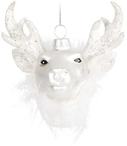 BRUBAKER Hirschkopf Weiß mit Glitzer Weihnachtskugel aus Glas - Handbemalt und Mundgeblasen - Christbaumschmuck Lustig - Christbaumkugel Figuren Weihnachtsdeko Anhänger - Deko Baumkugel