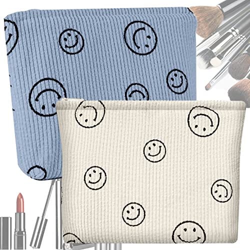 2 Stücke Kleine Kosmetiktasche für Handtasche,Mini Kosmetiktasche,Corduroy Smile Kosmetikbeutel Damen,Multifunktionale Kosmetiktasche für Handtasche,für Reisen Kinder Frauen Mädchen(Blau,Beige)