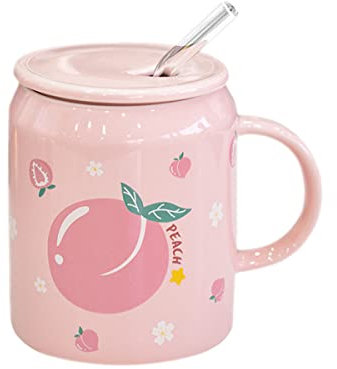 Sizikato Porcelain Mug with Lid and Straw, 16 Oz Water Cup with Handle, Cute Peach Pattern