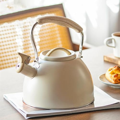 Tuzsocr Bouilloire à thé en Acier Inoxydable avec Manche en Bois, Bouilloire sifflante à induction 3 L,Retro Théière Bouilloire,Chaudière pour cuisinières électriques, à gaz et céramiques (Beige)