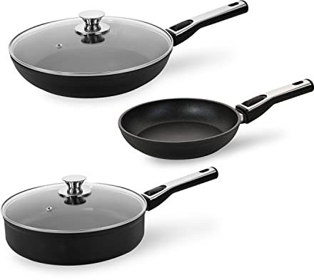 Cerafit Plasma Pfannen | Bratpfannen Deluxe-Set 5-tlg. - Induktionsbratpfanne, Universalpfanne, für alle Herdarten, abnehmbarer Griff, Glasdeckel