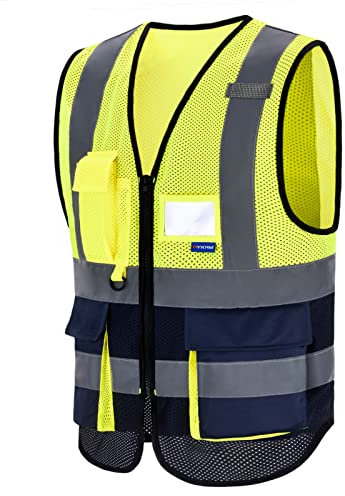 Yellow Navy hi viz mesh safety vests high viz Class 2 hi vis Zipper Front High Visibility vest Hi Vis Executive Vest Waistcoat with Phone & ID Pockets