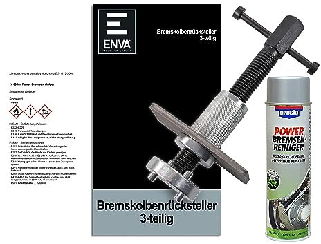 ENVA Bremskolbenrücksteller 3TLG. + 500 ml Bremsenreiniger Profi Werkzeugset für müheloses Zurücksetzen der Bremskolben inkl. Druckplatte und Adapter