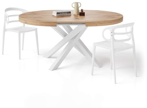 MOBILI FIVER, Mesa Redonda Extensible Emma 120-160 cm en Color Madera rústica con Patas Cruzadas Blancas, para 4-6 Personas, Mesa Extensible de Comedor, Mesa Cocina, Salon, Made In Italy