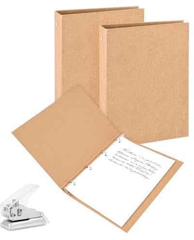 Ringbuch A4 Nachfüllbar Kraftpapier, 2 Stück Set mit Punch, Ringbuch Ordner A4 mit 4 Ringe zum Hinzufügen Broschüren-Cover Papiere Lose Blätter für Schule & Büro