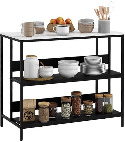 HOMCOM Desserte îlot de Cuisine, Meuble de Cuisine, Plateau Aspect marbre, Structure en Acier, 2 étagères, Meuble de Rangement pour Salon, Style Moderne, 100 x 50 x 90 cm, Noir