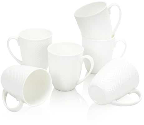 COSTMANCE 12 oz Coffee Mugs Set of 6, Fine Bone China Mugs | White Ceramic Coffee Cups, Rhombus Relief Texture, Lightweight Tea Mugs for Latte, Hot Cocoa, Women, Men