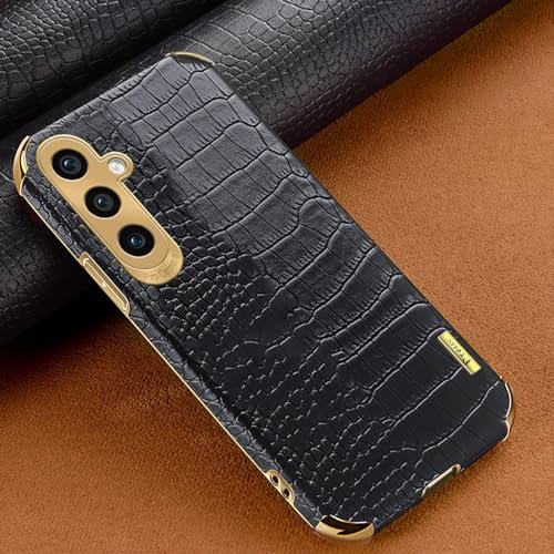 COMAKU Kompatibel mit Samsung Galaxy S24 Hülle Slim Luxus Krokodil Leder Jungs Mädchen Handyhülle für Anti-Rutsch Abdeckung Gold Rand Schutzhülle Case - Schwarz
