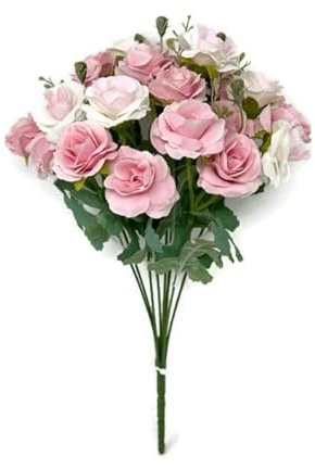 AFS 9 Stem Multiple Head Mini Artificial Rose Bush - Ivory Lilac Cream or Pink (Pink & White)