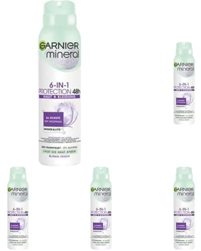 Garnier Mineral 6-in-1 48H Anti-Transpirant mit Moringa & Mineralite, Blumig Frisch, 150 ml (Packung mit 5)
