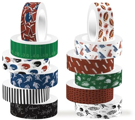 CC HOME 12 Rollen Washi Tape Rugby Muster Dekorativ,15mm Masking Tape Sportästhetik Dekoratives Stickers Scrapbooking Tape Bastelmittel,für DIY,Kunsthandwerk,Tagebuch,Alben
