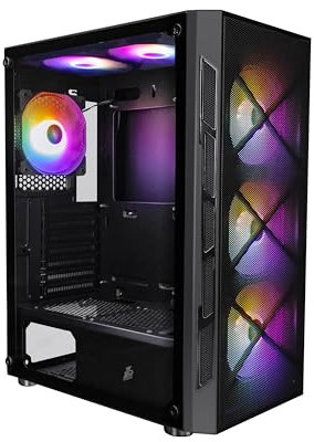 1st Player Firebase XP Mid Tower Gaming Case - Black - Mesh Front Panel For Maximum Airflow and Tempered Glass Side Panel with 6 x 120mm RGB Fans pre-installed