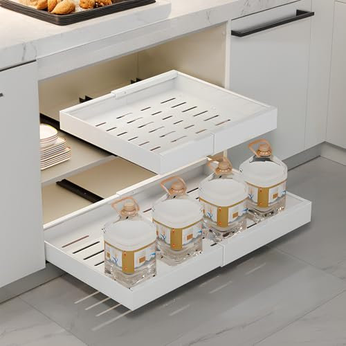 Focenat Teleskopschublade, Ausziehbare Schublade Küche, Küchenschrank Organizer Ausziehbar, Einstellbare Breite 32-52cm, Auszug Küchenschrank für Kabinett, Schrank, Speisekammer, Küche, Bad, Weiß