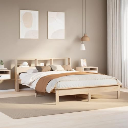 Tidyard Bed Frame with Shelves, Queen Size Bed, Wooden Storage Bed Shelf Headboard Bookcase Bed without Mattress 120x190 cm Small Double Solid Wood Pine Type4