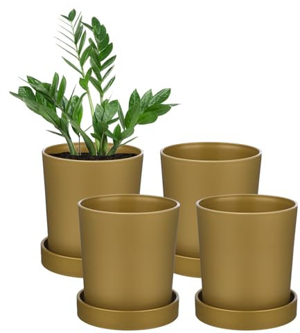 M METERXITY Juego de 4 Macetas, 3.5 Macetas de Plástico con Agujeros de Drenaje para Cactus/Suculentas/Macetas de Plantas Pequeñas/Hogar/Jardín, Maceteros para Plantas de Interior [Dorado]