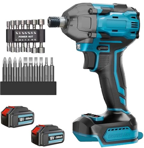 Impact Wrench, Cordless Impact Wrench with 1/2 inch Driver 18V 450N.m Torque with 4 Sockets, Compatible with Makita 18V Battery, and 2 Pack Battery 3000mAh Li-Ion Variable Speed for Car Wheel