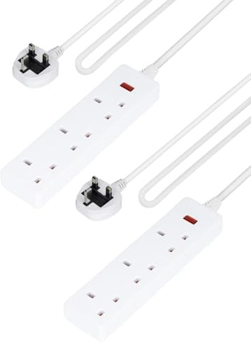 GEEPAS 3 Gang Extension Lead, 2M Cable | 3-Way Plug Extension Cable with Neon Indicator Light | Wall Mountable & Multi Socket Mains Strip for Home Bedroom Office | Heavy Duty UK Plug | White Pack of 2