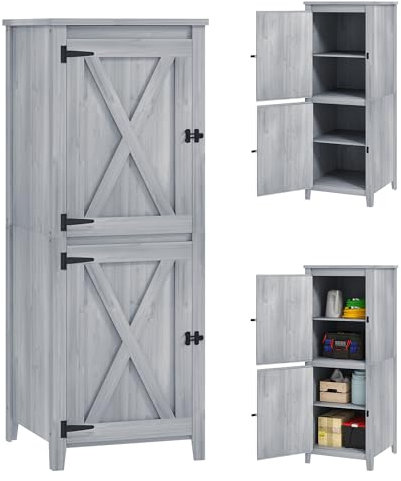 Outsunny Gartenschrank Holz, wetterfest Gerätehaus 60x60x160cm Werkzeugschrank, Geräteschuppen mit Ablagen, Doppeltür, Abschließbar Gartenschuppen Geräteschrank für Terrasse, Garten, Hellgrau
