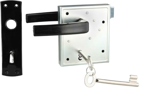INTRA-TEC Kastenschloss mit Buntbartschlüssel – für Gartentore & Kellertüren, Dorn 60 mm, Entfernung 55 mm, DIN L/R, verzinkt, schließende Falle, zweitourig mit Drücker und Schild BB Edelstahlstulpe