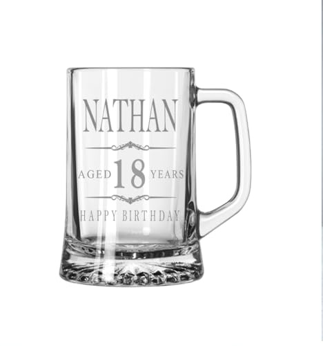 ukgiftstoreonline Personalised Vintage Beer Tankard, Engraved Glass Mug Stein with Birthday Design, Gift Box Included 18th, 21st 30th, 40th, 50th, 60th, 70th 80th (18th Birthday Beer Glass)