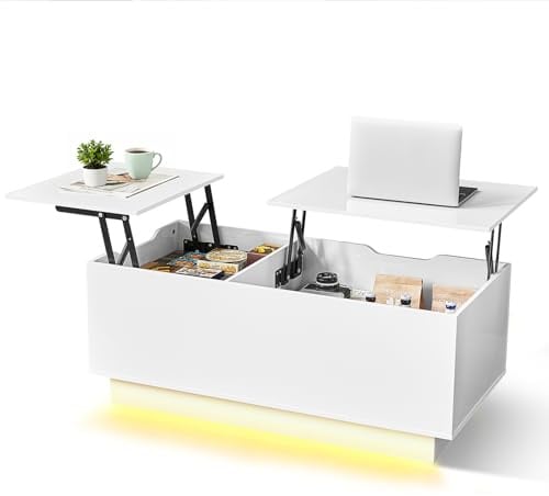 JanflyHome Couchtisch Höhenverstellbar, Couchtisch Hochglanz, Wohnzimmertisch mit Schubladen, Couchtische mit Stauraum und Hydraulischem Lift, Schreibtisch und Kaffeetisch, Weiß