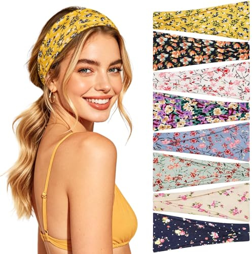 Awumbuk Fascia Capelli Donna, Set da 8 Pezzi, Multicolore con Tinta Unita e Fantasie Assortite, Elastiche e Traspiranti, per Sport Yoga Corsa e Uso Quotidiano (Fiori viola)