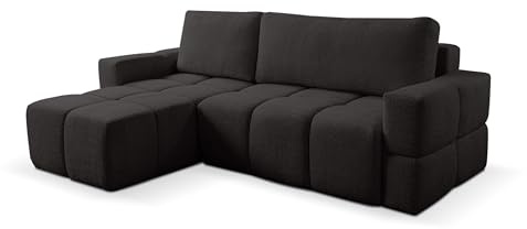 VENASI MÖBEL Ecksofa LUSSO, Eckcouch in L-Form mit Schlaffunktion und Bettkasten, Farbe: Schwarz, Bouclé-Stoff, Ottomane Universal