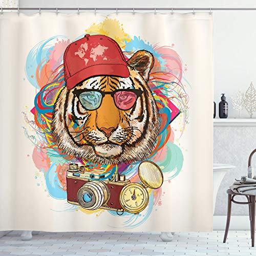 ABAKUHAUS Animal Rideau de Douche, Hipster Tiger Lunettes de Soleil, Tissu Ensemble de Décor de Salle de Bain avec Crochets, 175 cm x 200 cm, Multicolore