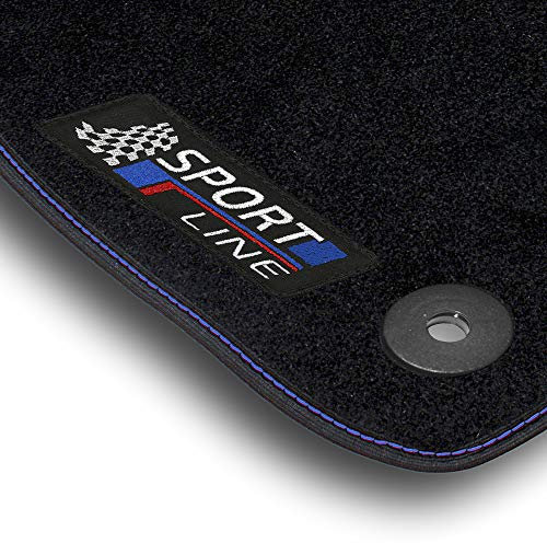 Bär-AfC Auto Fußmatten Sport Line passend für Seat Arona ab 2017, Autoteppiche Nadelvlies Schwarz, Bandeinfassung mit Blauer Ziernaht, Stick Blau & Rot, Set 4-teilig, SE61840
