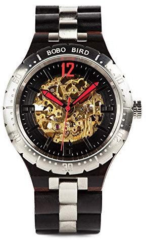 BOBO BIRD Brand Design Herren Holz Automatik Mechanische Uhren Multifunktions Business Luxus Holzuhr für Herren, Schwarz, Mechanisch, selbstaufziehend