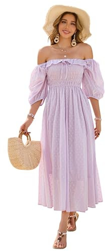 R.Vivimos Donne Abito Casual Bohémien Mezza Manica Scollo Quadrato Vestito Lungo Midi Elegante da Spiaggia(XL,Viola)