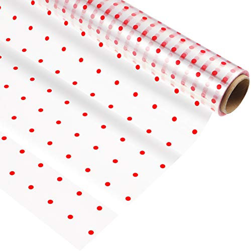 STOBOK Cellophane Wrap Rouleau| 2. 5 Mil Épaisseur Rouge Points Motif Cadeau Wrap Cellophane pour Cadeaux Paniers Fleurs Arts Artisanat