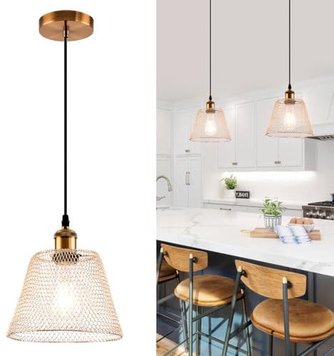 HARPER LIVING Penadant Ceiling Light Shade, Easy Fit Compact Vintage Lamp Shades, Gold Wire Mesh Basket, Metal Lampshades for Bedroom Ceiling Light Pendant (Gold)