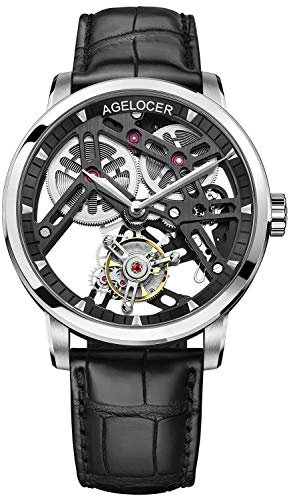 agelocer Orologio da polso da uomo con tourbillon traforato a doppio lato, meccanico, in pelle, Nk_9001a1, Cinturino