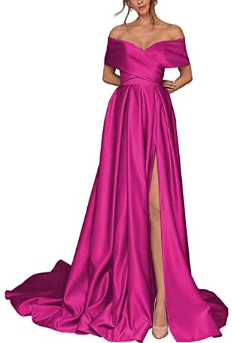 Abito da sera da donna, in raso, con scollo a V, senza spalline, lungo, fucsia, 50