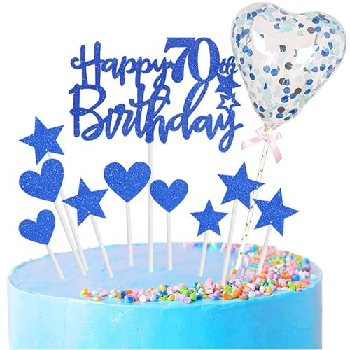 11pcs Royal Blue Happy 70th Birthday Cake Toppers,Personalised Cake Topper for Man&Woman,70th Birthday Cake Decorations Glitter Cupcake Toppers Cake Toppers Kits 5 Star 4 Heart with Balloon