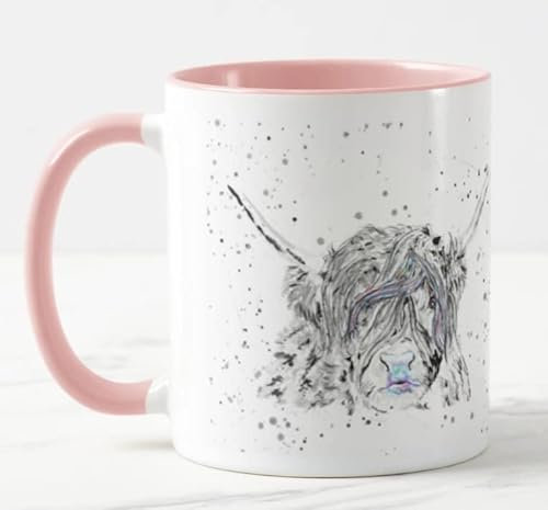 Highland Cow - Taza para regalo de cumpleaños, trabajo, oficina, Navidad, té, café, color rosa, vaca escocesa, vaca escocesa, color negro y blanco
