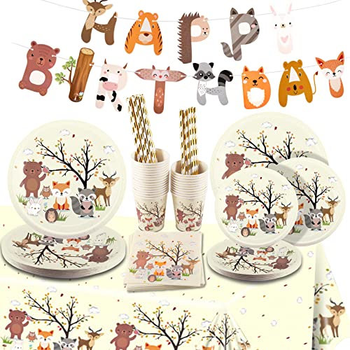 Yosemy Juego de Vajilla para Fiesta de Safari para 25 Invitados 127 Piezas Juego de Vajilla 25 Papel de Papel Platos de Tazas de Papel Servilletas Papel Pajitas Mantel para Wild One Cumpleaños Beige