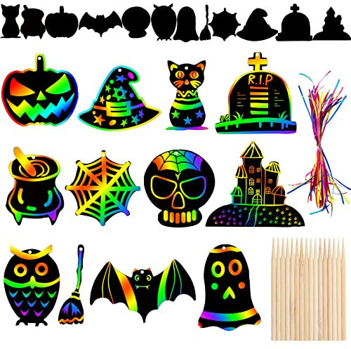 48 Pieces Cartes à Gratter Halloween pour Enfants - Papier à Gratter Magique Arc-en-Ciel DIY, Chauve-Souris Citrouille Halloween Maison Hantée Arts et Artisanat Ornements pour Décoration de Vacances
