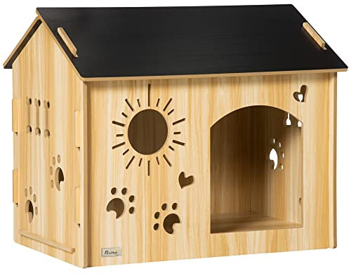 PawHut Caseta de Madera para Perros Pequeños Casa para Mascotas Interior con Puerta Delantera de Forma de Sol Corazón Pata 69x50x58,5 cm Roble